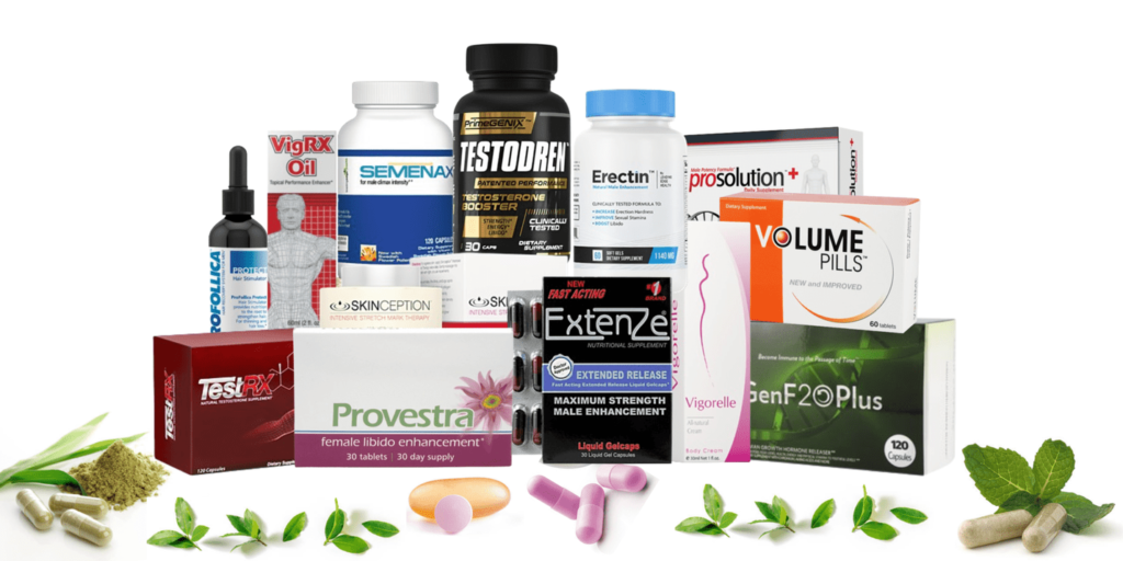 A group representation of Products on a white background with decoration of leaves and pills