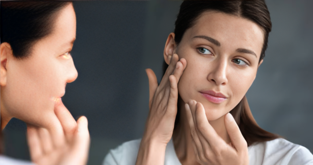 Woman looking at her skin