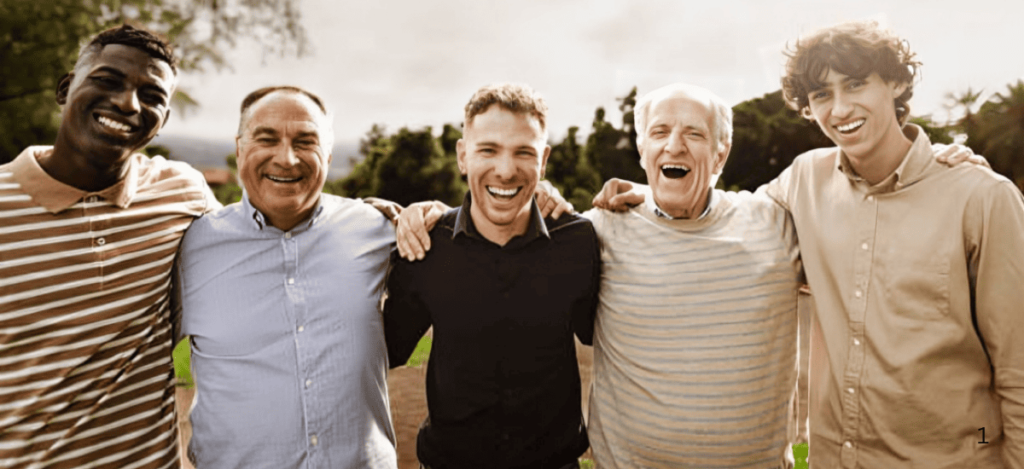 Happy men of different ages in a group