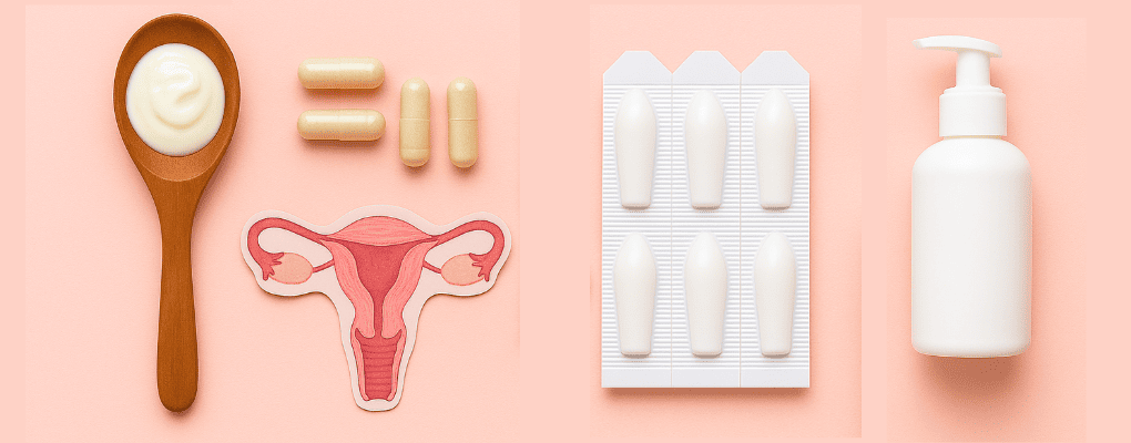 Minimalist photo featuring feminine health products and natural remedies for vaginal dryness