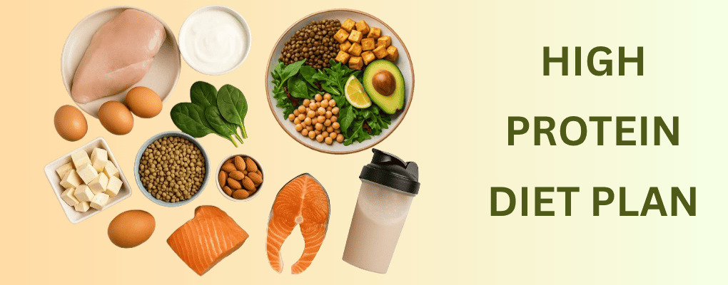 A top view of high-protein foods including grilled salmon, chicken breast, boiled eggs, almonds, tofu, lentils, spinach, yogurt, and a protein shake, arranged neatly on a light wooden surface beside the text "High Protein Diet Plan."