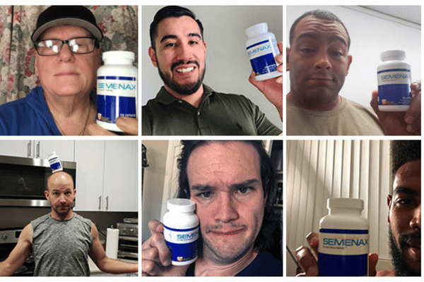 Six smiling customers holding Semenax bottles, sharing positive experiences and real results