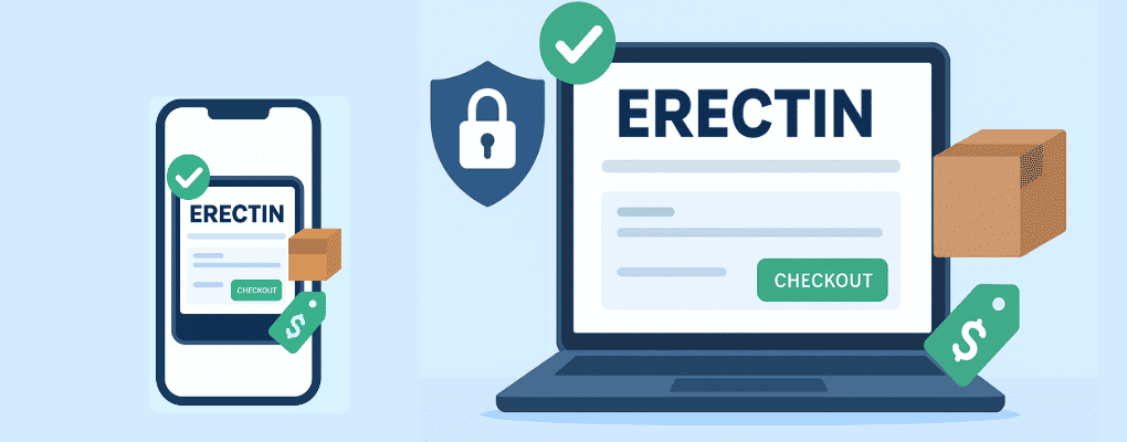 Mobile and tablet views of the official Erectin website showing product features, benefits, and order options.