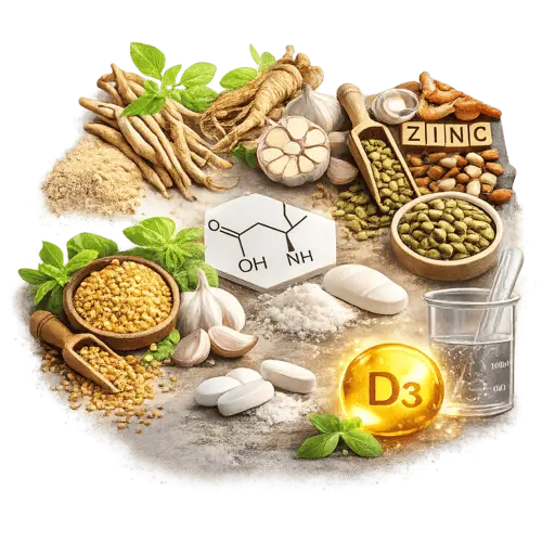 Illustration of Testosil ingredients including ashwagandha, fenugreek, Panax ginseng, zinc, L-arginine, vitamin D3, garlic, and calcium D-pantothenate.