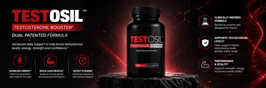 Testosil testosterone booster review – premium formula supplement bottle with performance and vitality highlights