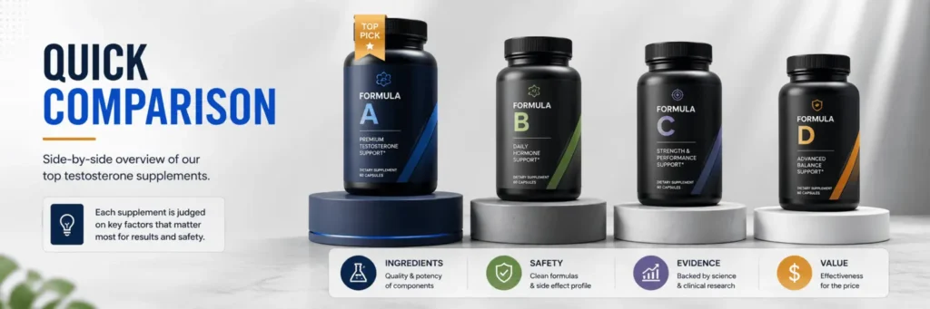 Quick comparison of top testosterone supplements evaluated for ingredient quality, safety, research, and overall value.