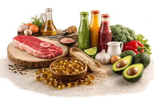 Illustration showing TestRX ingredients including D-aspartic acid, zinc, magnesium, vitamins D3, K2, B6, and supporting whole-food sources.