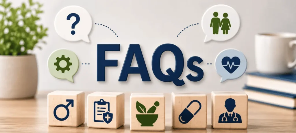 Frequently asked questions about erectile dysfunction represented with health and medical symbols