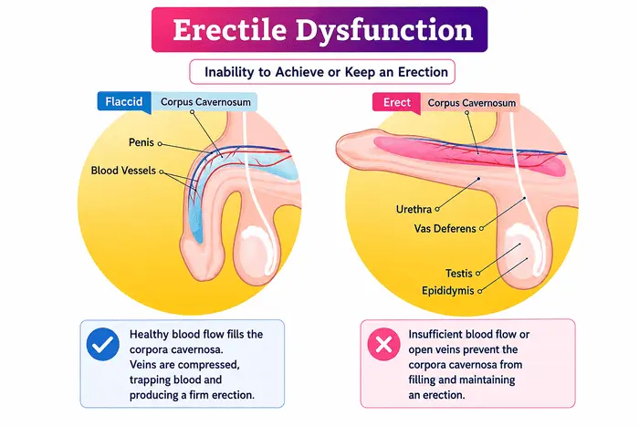 Erectile dysfunction diagram showing flaccid and erect penis, blood flow, and corpora cavernosa