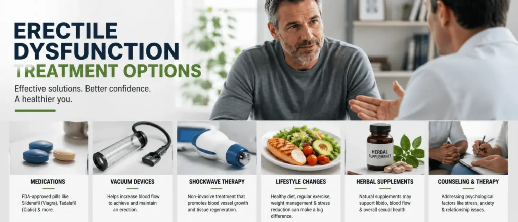 Erectile dysfunction treatment options including lifestyle changes, devices, and professional care