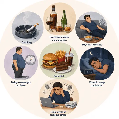 Lifestyle factors associated with erectile dysfunction including smoking, excessive alcohol use, inactivity, obesity, poor diet, sleep problems, and chronic stress