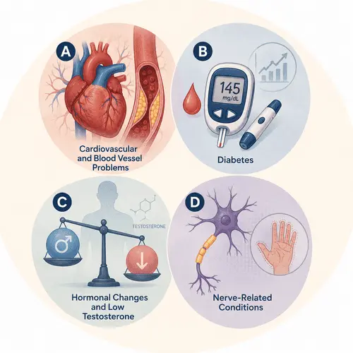Medical causes of erectile dysfunction including cardiovascular problems, diabetes, hormonal changes, low testosterone, and nerve-related conditions
