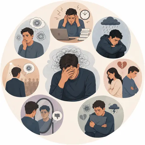 Psychological causes of erectile dysfunction including stress, anxiety, depression, performance anxiety, relationship difficulties, low self-confidence, and emotional distress