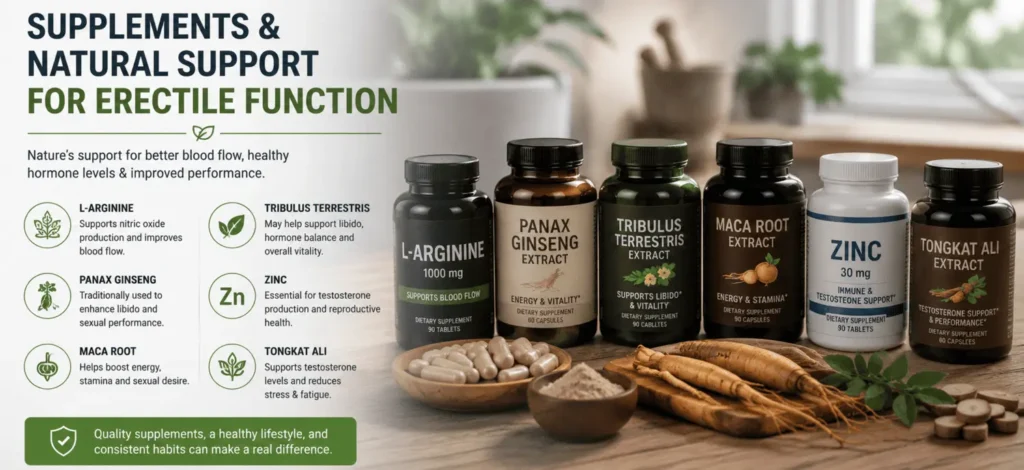 Dietary supplements and natural ingredients commonly used to support erectile function