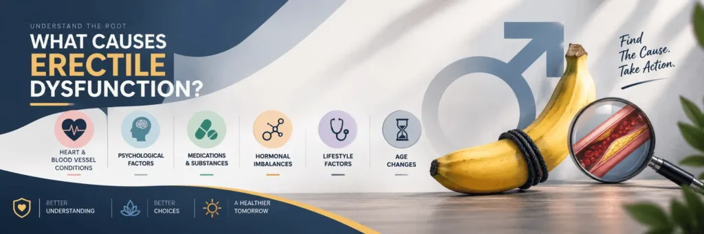 Common physical, psychological, hormonal, lifestyle, and age-related causes of erectile dysfunction