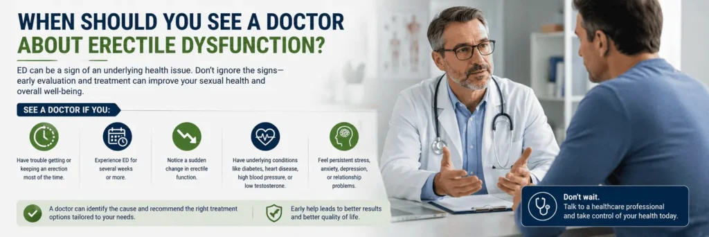 Doctor discussing erectile dysfunction concerns and when medical evaluation may be appropriate